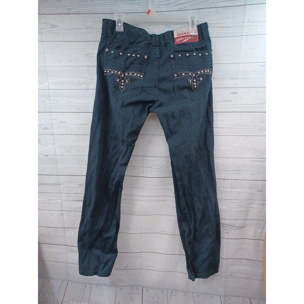 Demolition Mens Urban Wear Black Jeans Sz 32x30 Moto Skinny Rhinestone Embellish
